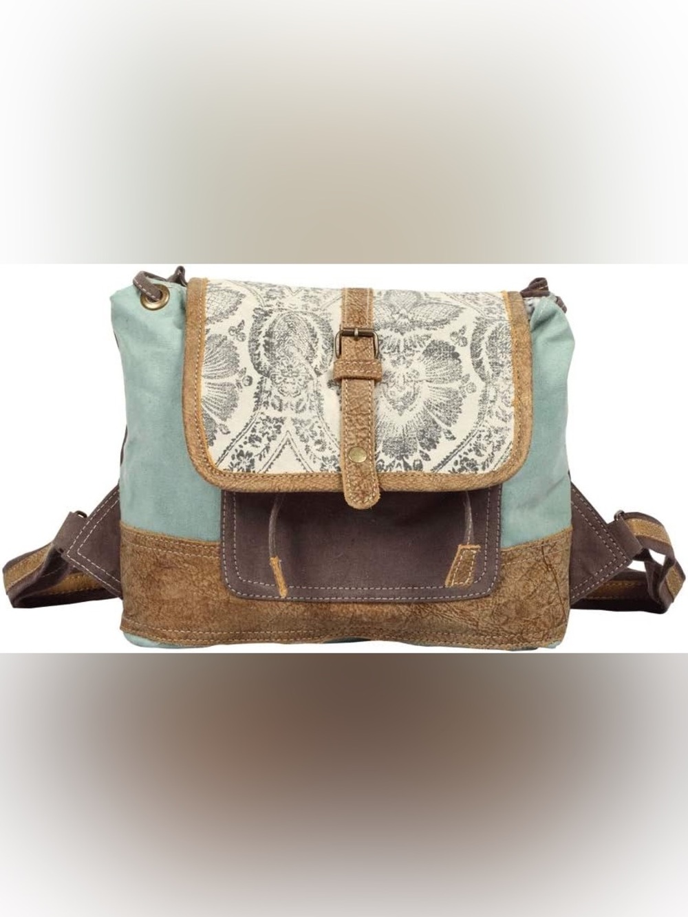 Myra Bag Solemn Boho Upcycle Brown Leather/ Green Canvas Backpack
